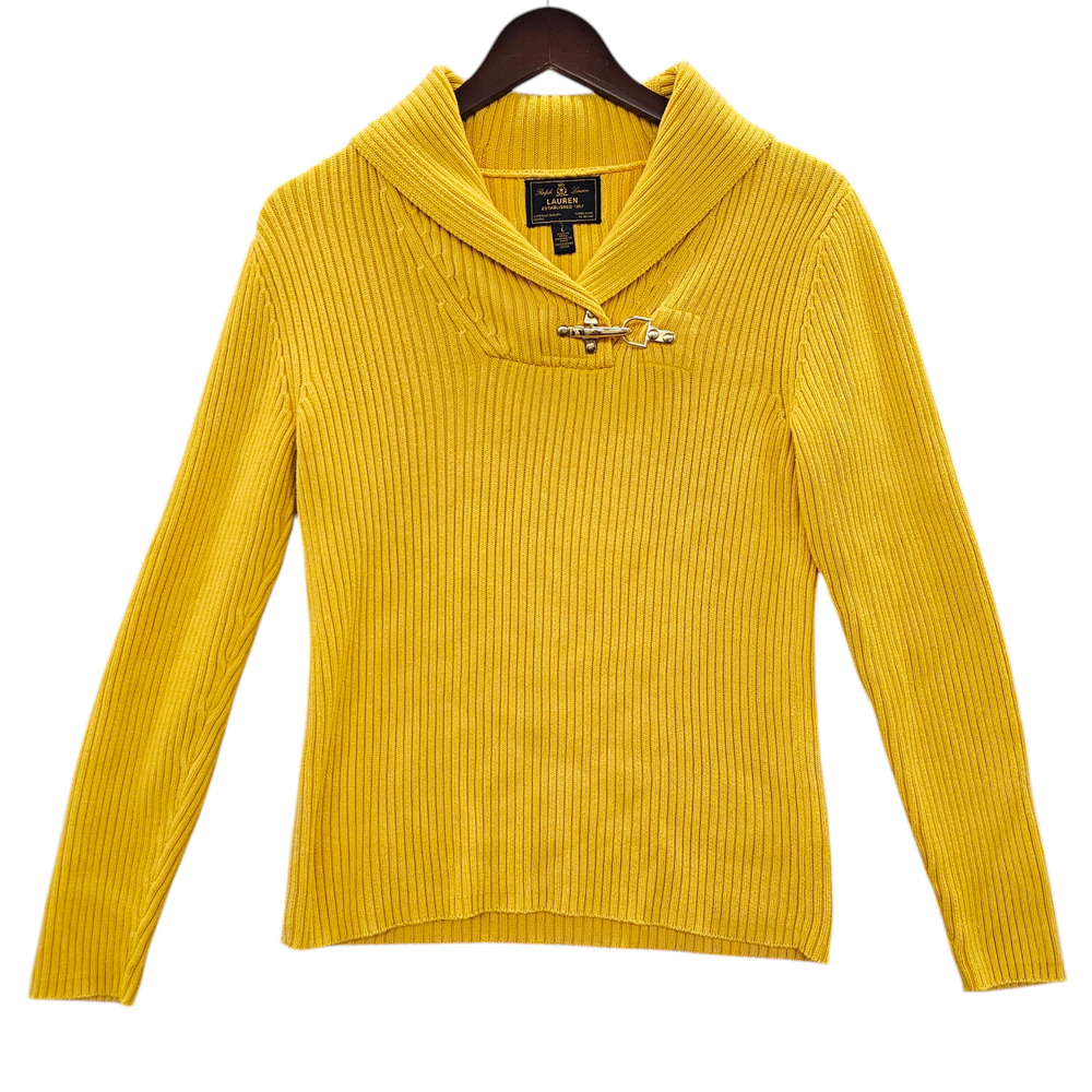 Lauren Ralph Lauren Sweater Womens Large Yellow Ribbed Long Sleeve Shawl Collar
